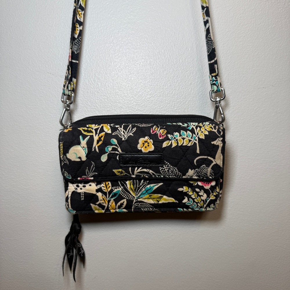 Vera Bradley Holland Garden Wallet Crossbody Bag Purse Black Floral Deer Bunny